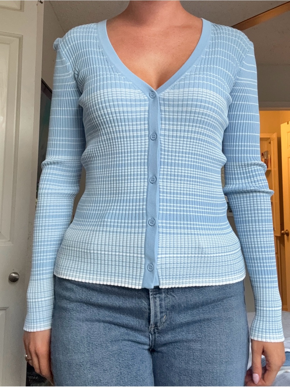 STAUD Light Blue Striped V-Neck Button Cardigan